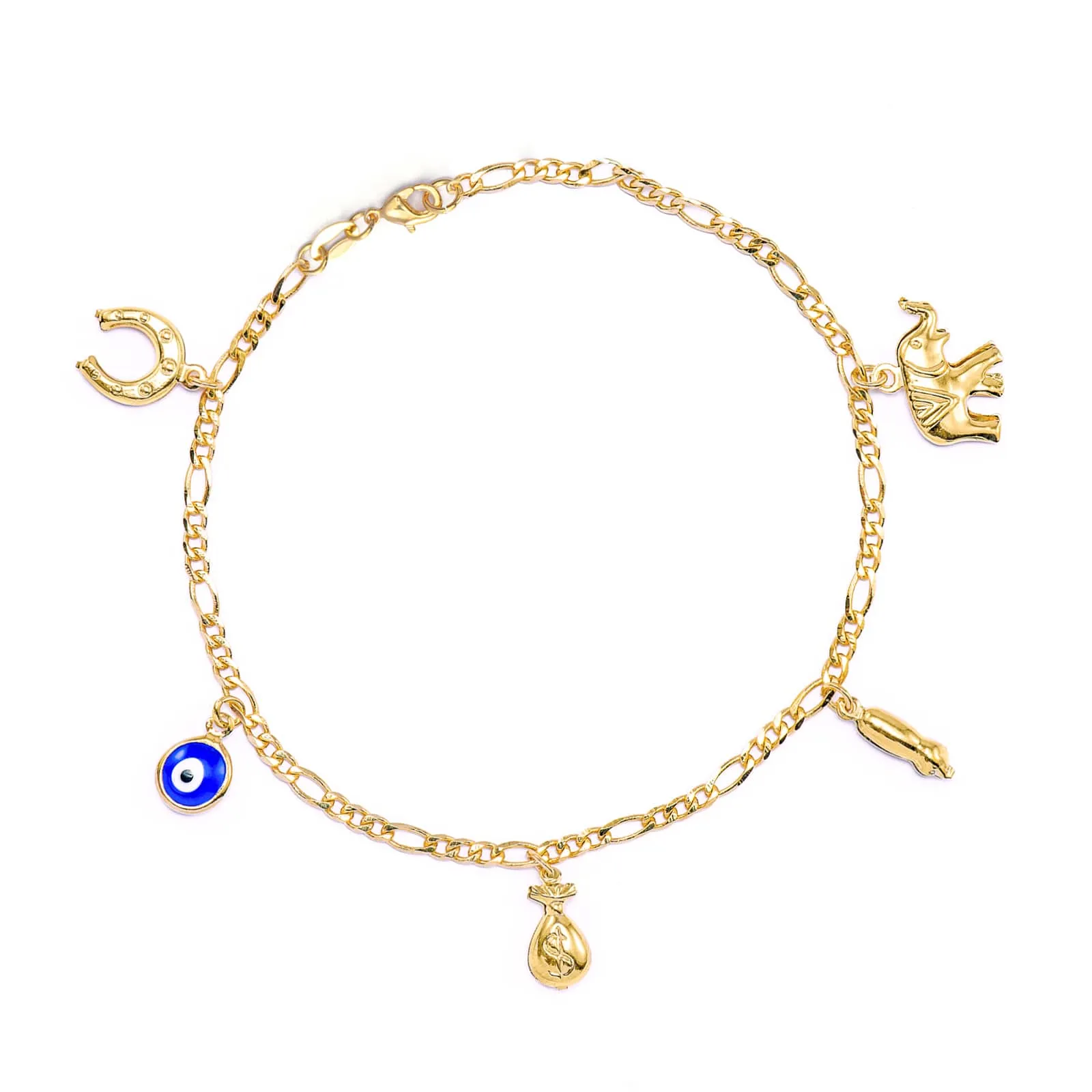 Women Mega Lucky Charms Bracelet 5 Amulets Blue Evil Eye Figa Hand Elephant Horseshoe